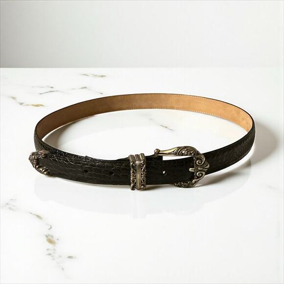 Brighton Vintage Style Black Croc Embossed Leather Belt Silver Buckle Size 34 - Picture 1 of 9